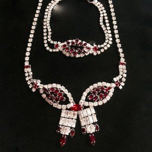 Vintage Ruby Rhinestone Sterling  Necklace & Brace